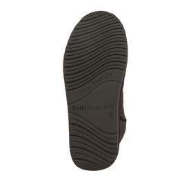 Emu slippers in Dark Olive, showing textured rubber outsole with wavy tread pattern and EMU Australia branding embossed underfoot.