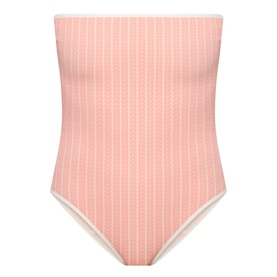 Eres pink strapless swimsuit with textured stripe pattern and cream trim, high-cut leg, structured bandeau top
