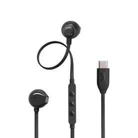 JBL Tune 305C Wired USB-C Earbuds in black, with inline remote control and USB-C connector