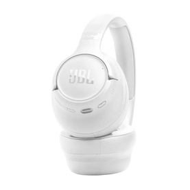 JBL Tune 730BT Wireless Over-Ear Headphones in white, showing folded profile with cushioned ear cups and control buttons
