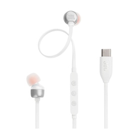 JBL Tune 310C USB-C Wired In-Ear Headphones in white, with inline remote, pink ear tips, and USB-C connector