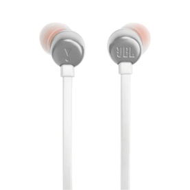 JBL Tune 310C USB-C Wired In-Ear Headphones in white, with grey earbuds, pink ear tips, and flat white cable