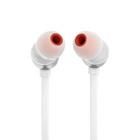 JBL Tune 310C USB-C Wired In-Ear Headphones in white, showing red-tipped earbuds with white cable and silver housings.