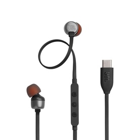 JBL Tune 310C Wired USB-C Earphones in black with inline remote, silicone ear tips, and USB-C connector