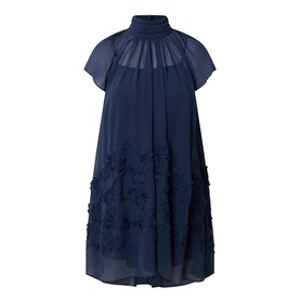 Jonathan Simkhai Aviel Floral Appliqu&eacute; Mini Dress in Midnight, gathered high neck, cap sleeves, sheer chiffon with soutache embroidered floral detail