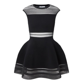 Jonathan Simkhai black fit-and-flare dress with sheer mesh stripe panels at waist and hem, cap sleeves, scoop neckline