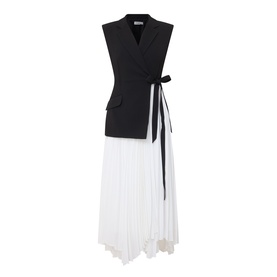 Jonathan Simkhai Black Multi sleeveless wrap dress with blazer-style bodice, contrast white pleated skirt, and tie waist detail