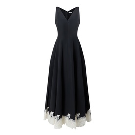 Jonathan Simkhai black midi dress with V-neck, sleeveless silhouette, flared skirt and white floral lace hem trim detail.