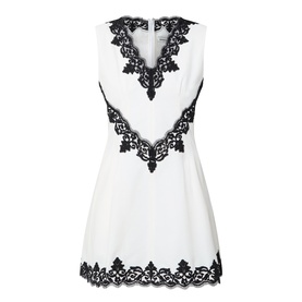 Jonathan Simkhai Ivory Multi sleeveless mini dress with black lace appliqu&eacute; trim at neckline, waist and hem, A-line silhouette