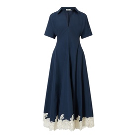 Jonathan Simkhai Nerris Contrast Lace Dress in Midnight Multi; midi length, pointed collar, short sleeves, flared skirt with cream lace hem