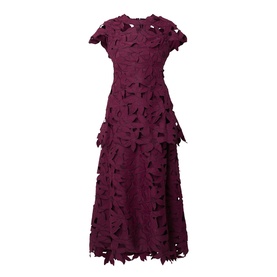 Jonathan Simkhai fig floral appliqu&eacute; midi dress with cap sleeves and tiered skirt in deep burgundy lace overlay