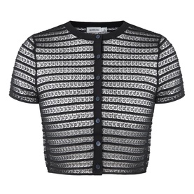 Jonathan Simkhai black merino wool blend short-sleeve cropped top with horizontal lace-effect stripe pattern and button front detail