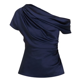 Jonathan Simkhai midnight blue satin one-shoulder draped top with ruched detailing, 100% acetate