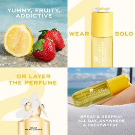 Marc Jacobs Daisy Mist Lemon Spritz Hair and Body Mist in yellow bottle, shown with lemon and strawberry lifestyle imagery