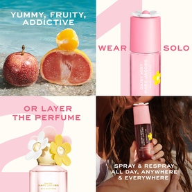 Marc Jacobs Daisy Mist Mandarin Fizz Hair and Body Mist lifestyle collage showing fruit, flowers, pink bottle, and model spraying mist