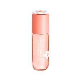 Marc Jacobs Daisy Mist Vanilla Gourmand Hair and Body Mist in peach bottle with floral daisy cap detail