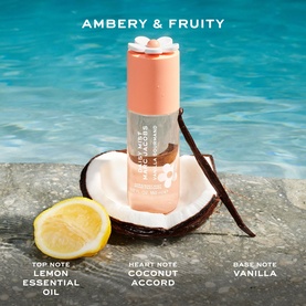 Marc Jacobs Daisy Mist Vanilla Gourmand Hair and Body Mist in coral pink bottle with coconut, lemon and vanilla fragrance notes