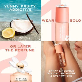 Marc Jacobs Daisy Love Hair and Body Mist lifestyle collage showing bottle, application on skin, and tropical coconut lemon styling cues