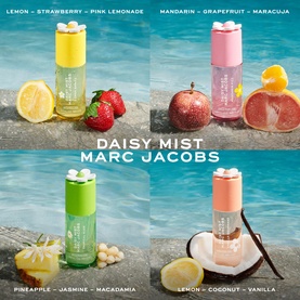 Marc Jacobs Daisy Mist body mist collection in four scents: Lemon Strawberry, Mandarin Grapefruit, Pineapple Jasmine, and Lemon Coconut Vanilla