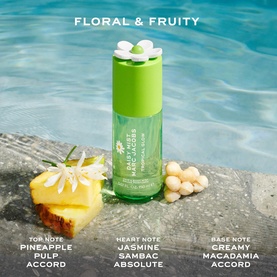 Marc Jacobs Daisy Mist Tropical Glow Hair and Body Mist in green floral bottle, styled poolside with pineapple and jasmine flowers