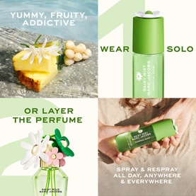 Marc Jacobs Daisy Mist Tropical Glow Hair and Body Mist in green roll-on format, shown in four lifestyle panels with fruit and floral styling