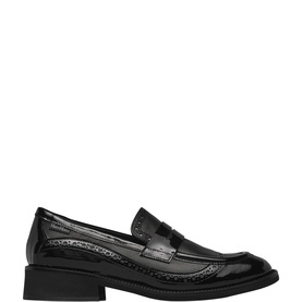 Black patent croc-effect brogue loafer with penny strap detail, block heel, and textured sole