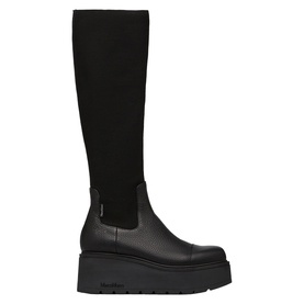 Marco Moreo black knee-high wedge boots with stretch upper panel, cap toe, and chunky platform sole