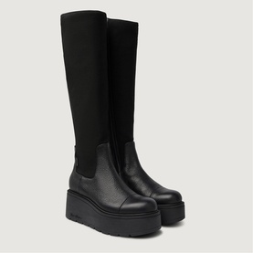 Marco Moreo black knee-high platform boots with stretch upper, chunky black sole, and elasticated panel detail