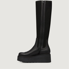 Marco Moreo black knee-high platform boots with side zip, chunky ridged sole and stretch panel detail