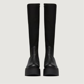 Marco Moreo black knee-high boots with chunky platform sole, back zip fastening, and smooth leather toe front view