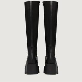 Marco Moreo black knee-high boots, back view showing zip fastening, stretch panel, and chunky black platform sole