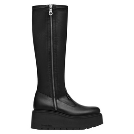 Marco Moreo black knee-high platform boots with front zip fastening, chunky wedge sole, and smooth leather upper