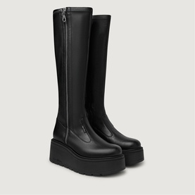 Marco Moreo black knee-high platform boots with front zip detail, thick chunky sole, and smooth leather-look upper