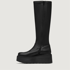 Marco Moreo black knee-high platform boots with chunky lug sole, square toe, and side zip fastening