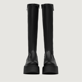 Marco Moreo black knee-high boots with chunky platform sole, elasticated back panel, front zip detail, smooth leather finish