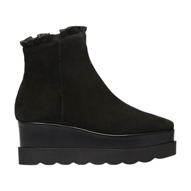 Marco Moreo black suede wedge ankle boot with shearling trim collar, side zip, and scalloped platform sole