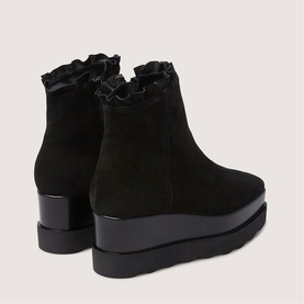 Marco Moreo black suede ankle boots with frill collar detail, platform sole, and block heel, shown from rear angle