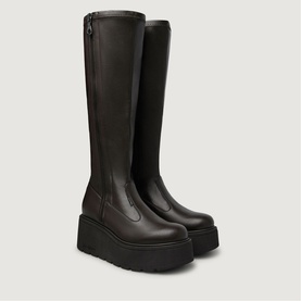 Marco Moreo brown knee-high platform boots with chunky black sole and side zip fastening, smooth leather upper