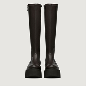 Marco Moreo brown leather knee-high boots with front zip detail and chunky black platform sole, front view