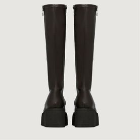 Marco Moreo brown leather knee-high boots, back view, zip detail, chunky black platform sole