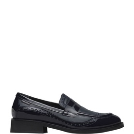Marco Moreo navy patent leather penny loafer with brogue detailing and block heel, side view