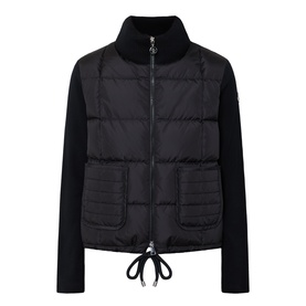 Moncler black cardigan with quilted padded front, ribbed wool sleeves, high neck collar, zip fastening and drawstring hem