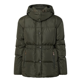 Moncler green quilted puffer jacket with detachable hood, zip pockets, and belted waist in 100% polyamide shell
