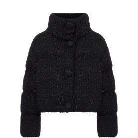 Moncler black boucl&eacute;-texture cropped puffer jacket with high funnel neck and front button fastening