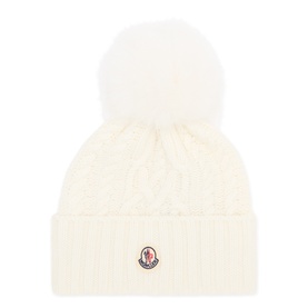 Moncler white cable-knit wool cashmere beanie hat with fluffy pom pom and logo badge
