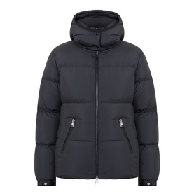 Moncler black hooded puffer jacket with quilted panels, zip pockets, and silver-tone zip fastening