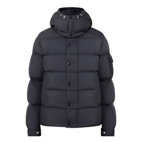 Moncler black quilted hooded down jacket with snap button fastening and logo patch on sleeve