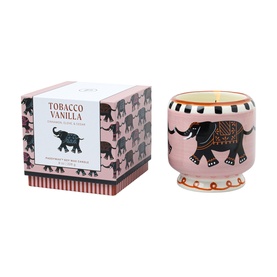 Paddywax A Dopo Elephant Ceramic Candle in Tobacco Vanilla scent, pink elephant-illustrated vessel with matching gift box