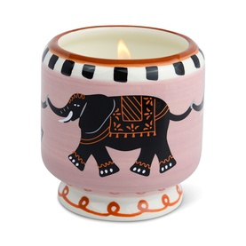 Paddywax A Dopo Elephant Ceramic Candle in Tobacco Vanilla, pink ceramic vessel with hand-painted elephant motif, lit cotton wick