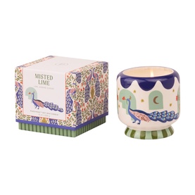 Paddywax A Dopo Peacock Ceramic Candle in Misted Lime, white footed ceramic vessel with peacock motif, shown with illustrated gift box